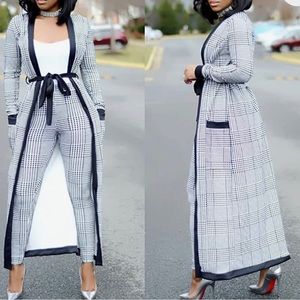 Two piece black and white glen plaid print cardigan and pant set